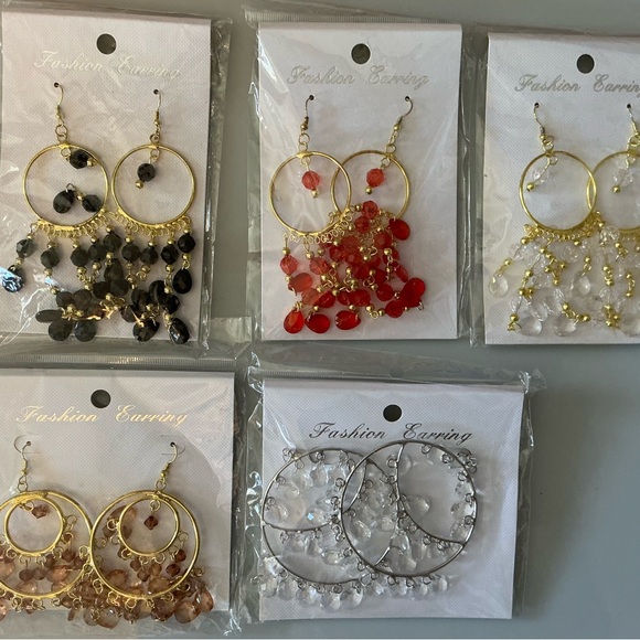 FASHION JEWELRY Jewelry - Fashion Jewelry Multicolor Dangle Hoop Earrings — Red, Black, Clear, Peach. 5 PR